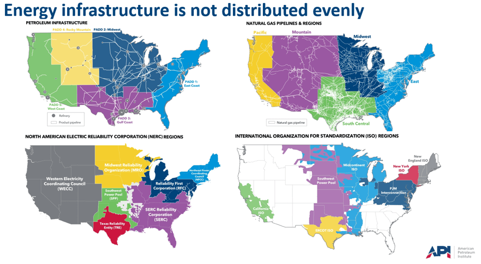 Infographic showing four U.S. maps comparing regional distributions of petroleum infrastructure, natural gas pipelines, electric reliability regions, and ISO electricity market regions, illustrating that energy infrastructure is organized differently across the country.